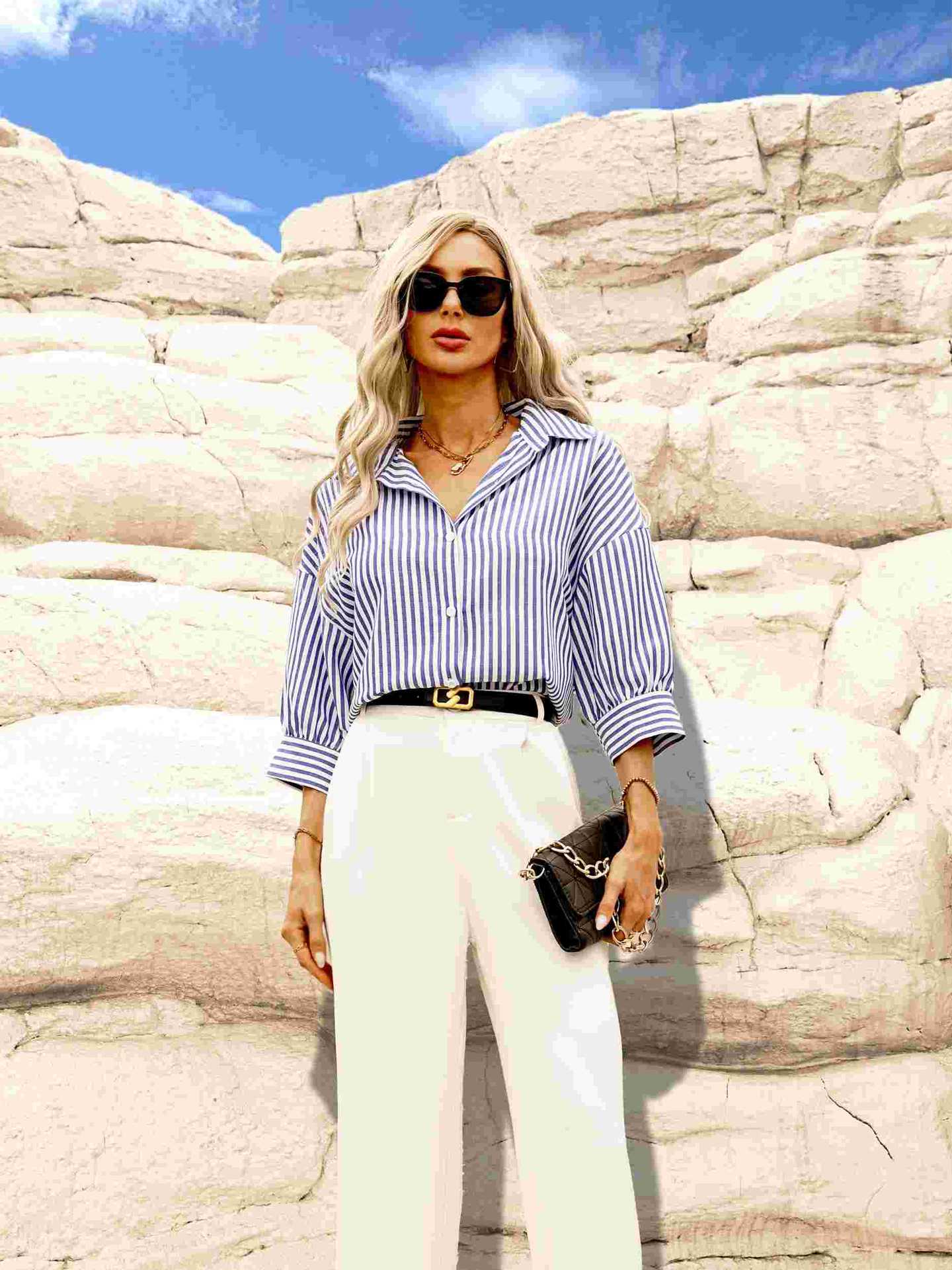 CASUAL HARBOR STYLE LAPEL MID-SLEEVE STRIPE SHIRT