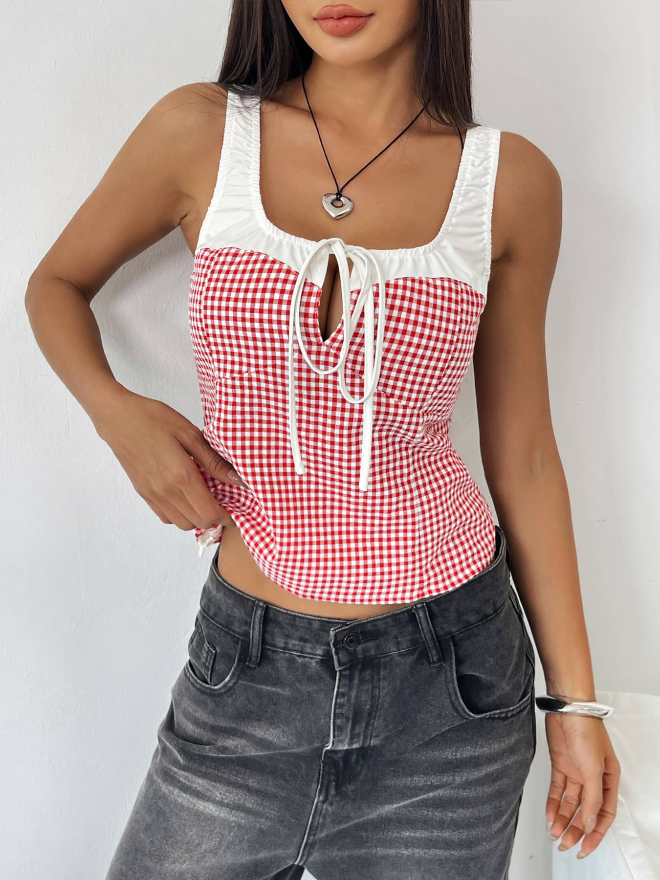 Color block plaid lace-up slim fit tank top