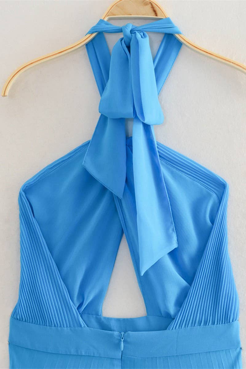 CWDHL0632_SLIM FIT SMALL PLEATED HALTER NECK LONG DRESS
