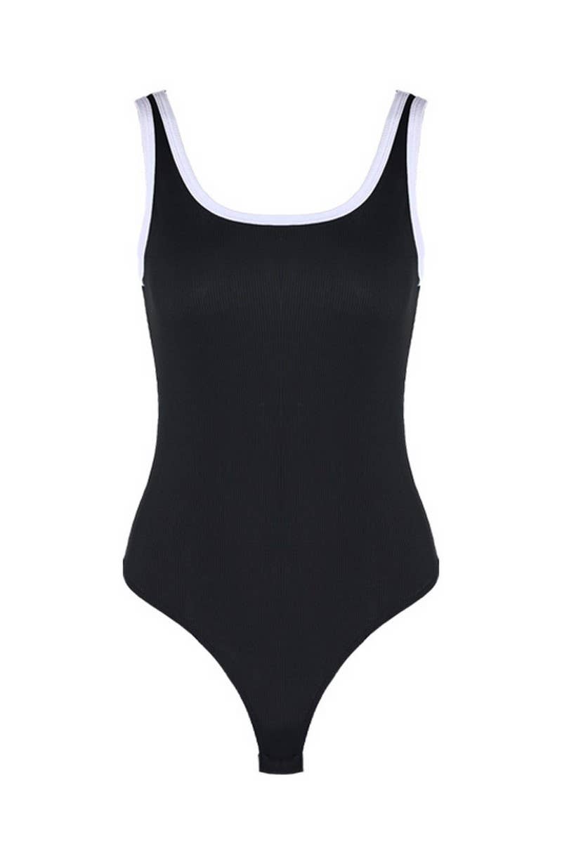 CWSBSSL0128_SUMMER COLORBLOCK SEXY U-NECK BACKLESS BODYSUIT