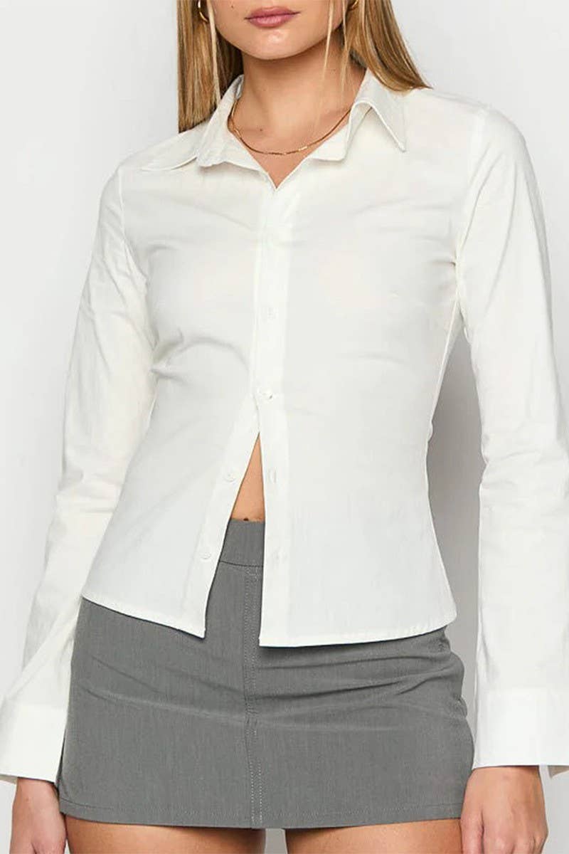 CWTBLL3603_SOLID COLOR BUTTON LONG SLEEVE SHIRT TOP