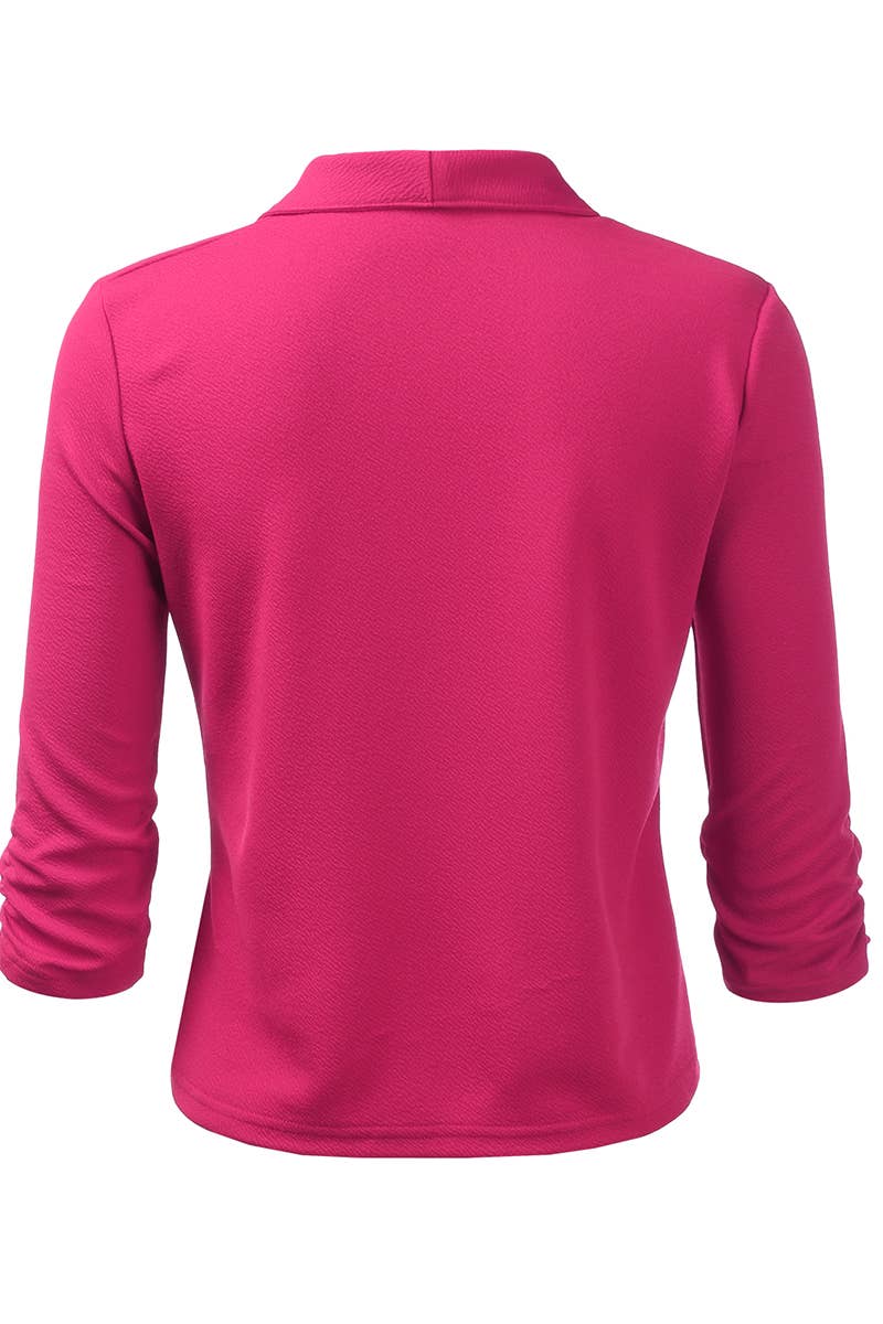 CWOBL091_Casual Work Ruched 3/4 Slv Open Front Blazer Jacket