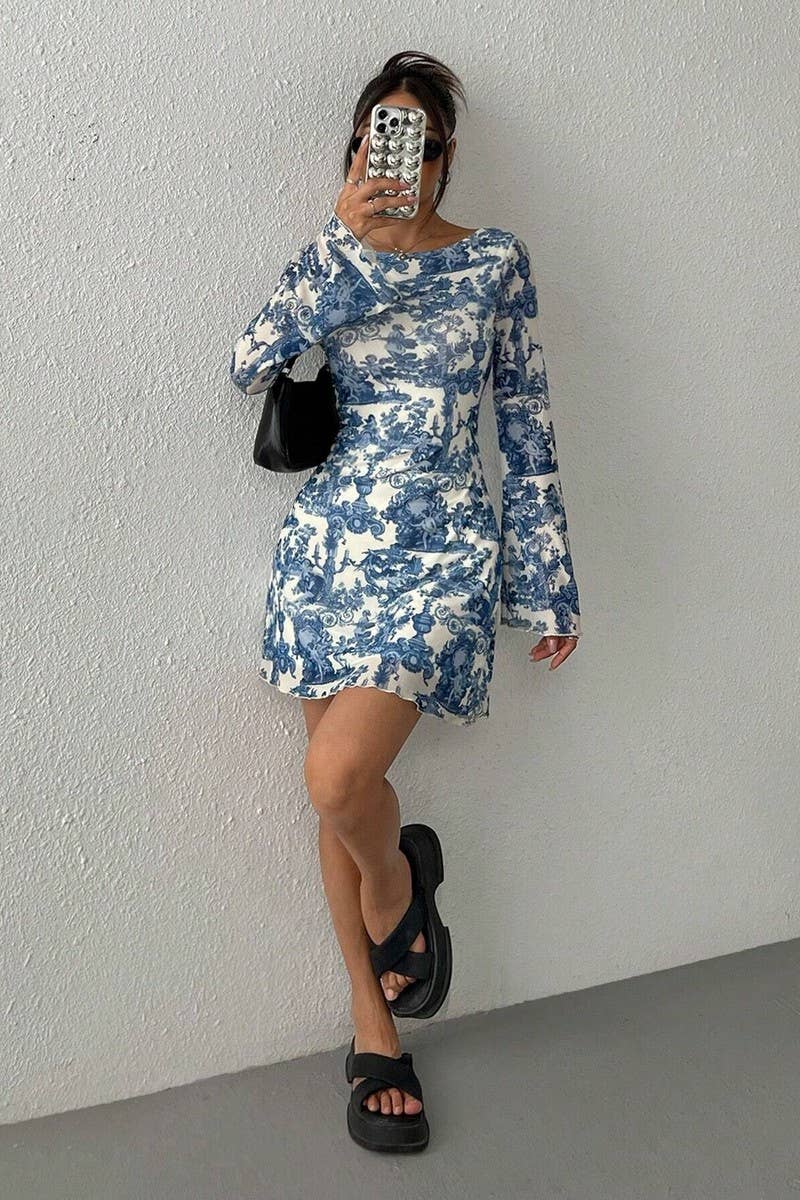 CWDSD8266_PRINTED BELL SLEEVE OPEN BACK MESH DRESS