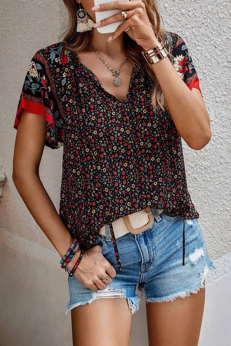 CWTSTS0660_SUMMER V-NECK SMALL FLORAL CASUAL LOOSE SHIRT