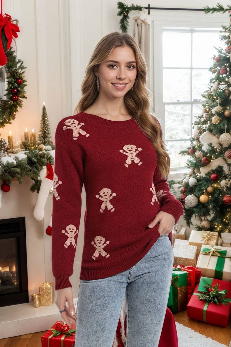 CWOSWL07366_CHRISTMAS CARTOON EMBROIDERED CREWNECK SWEATER