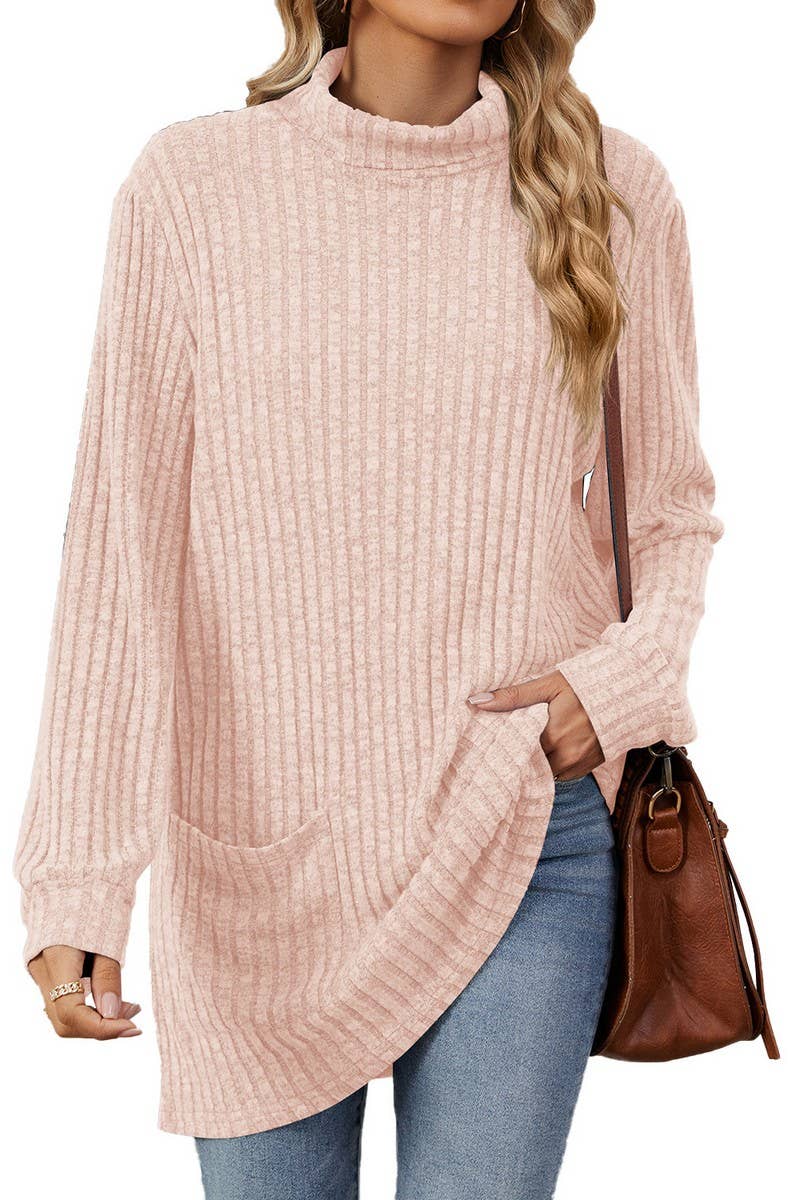 CWTBLL1200_SOLID COLOR RIBBED HALF TURTLENECK POCKET TOP