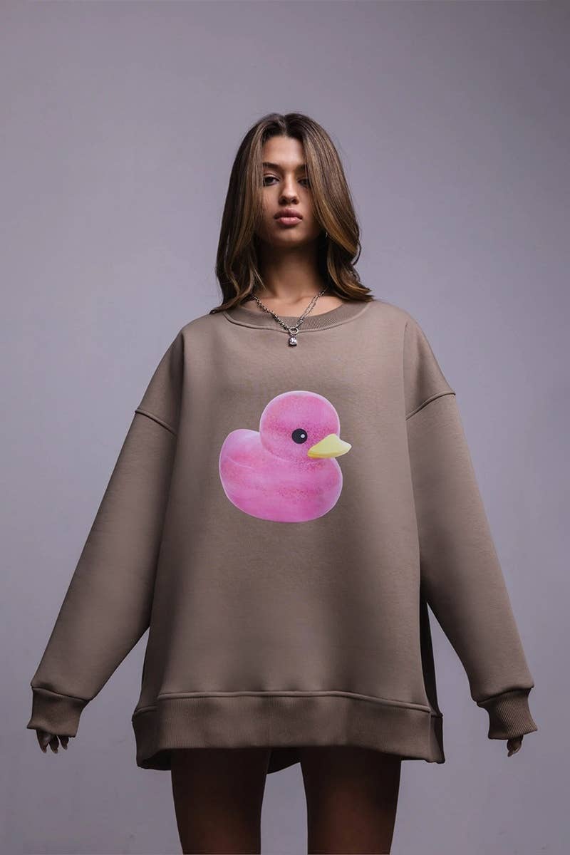 CWTBLL1691_CASUAL DUCK PRINT CREW-NECK LONG-SLEEVED HOODIE