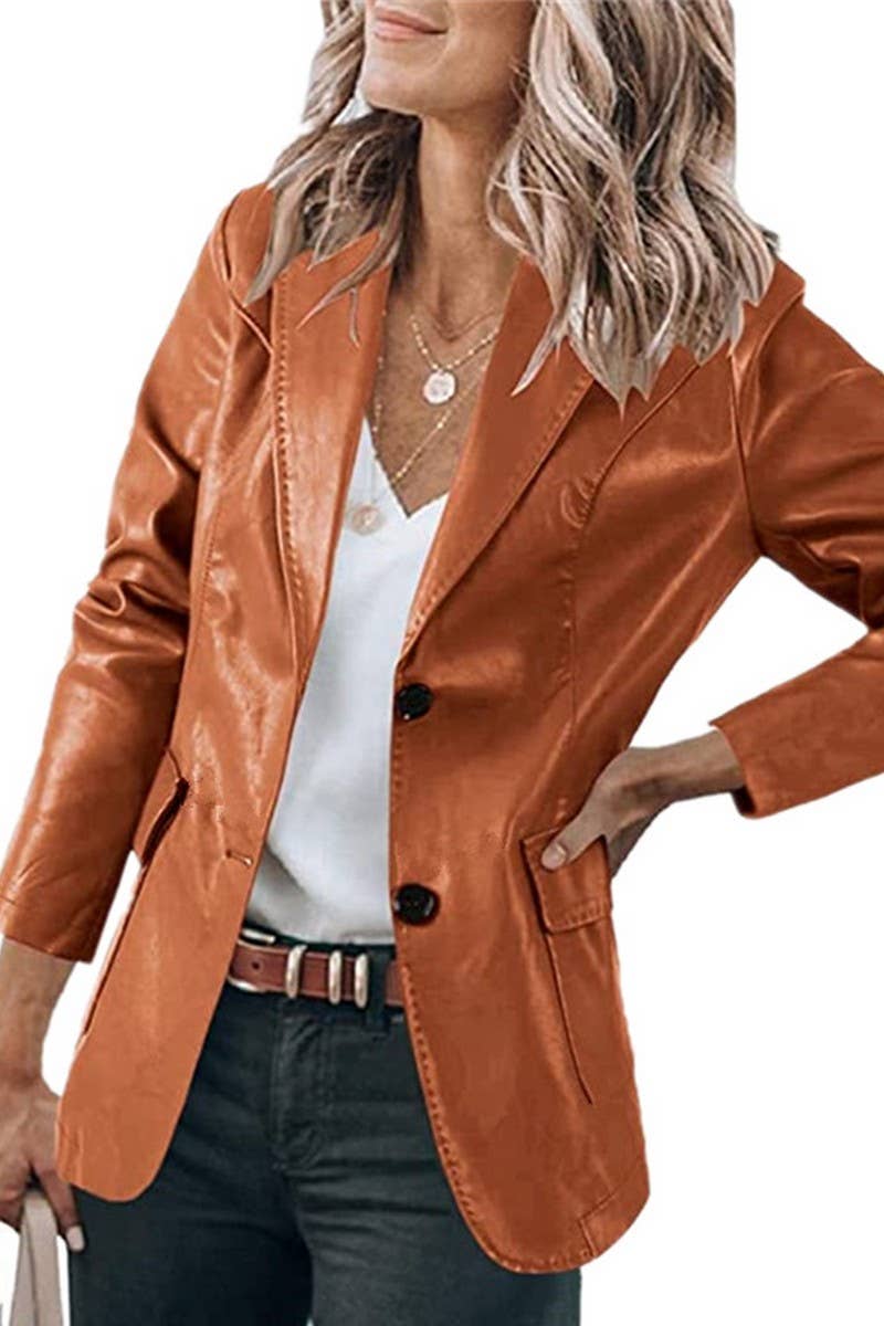 CWOCO0982_LAPEL SINGLE BREASTED SOLID COLOR PU LEATHER COAT