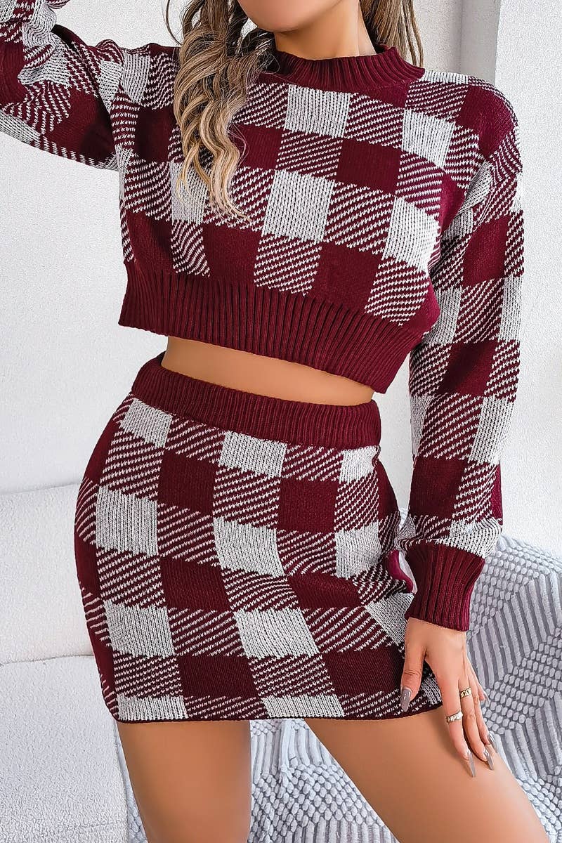 CWSS0748_WOOL PLAID LONG-SLEEVED BLOUSE SKIRT SUIT