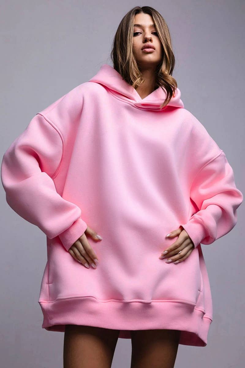 CWOHOL0661_SOLID COLOR LOOSE HOODED LONG-SLEEVED HOODIE