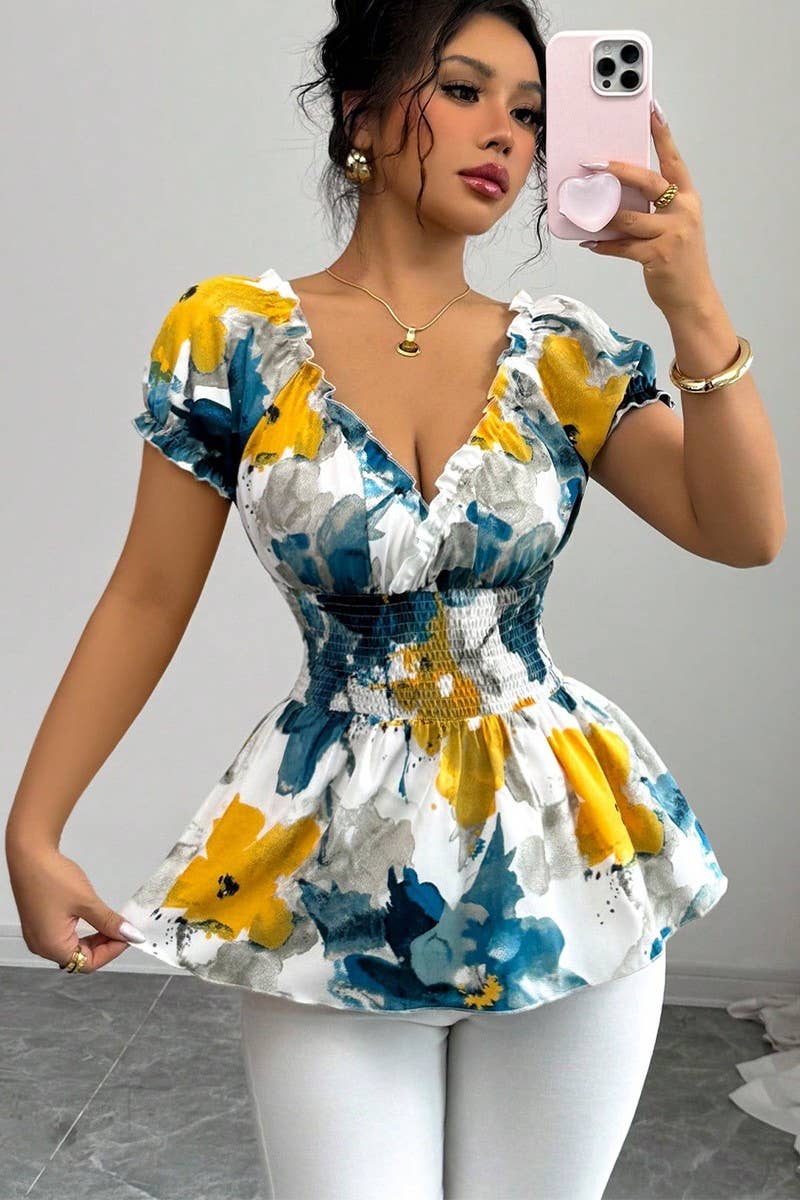 CWTBLS2247_SUMMER V-NECK TIE-DYE SLIM-FIT PULLOVER TOP