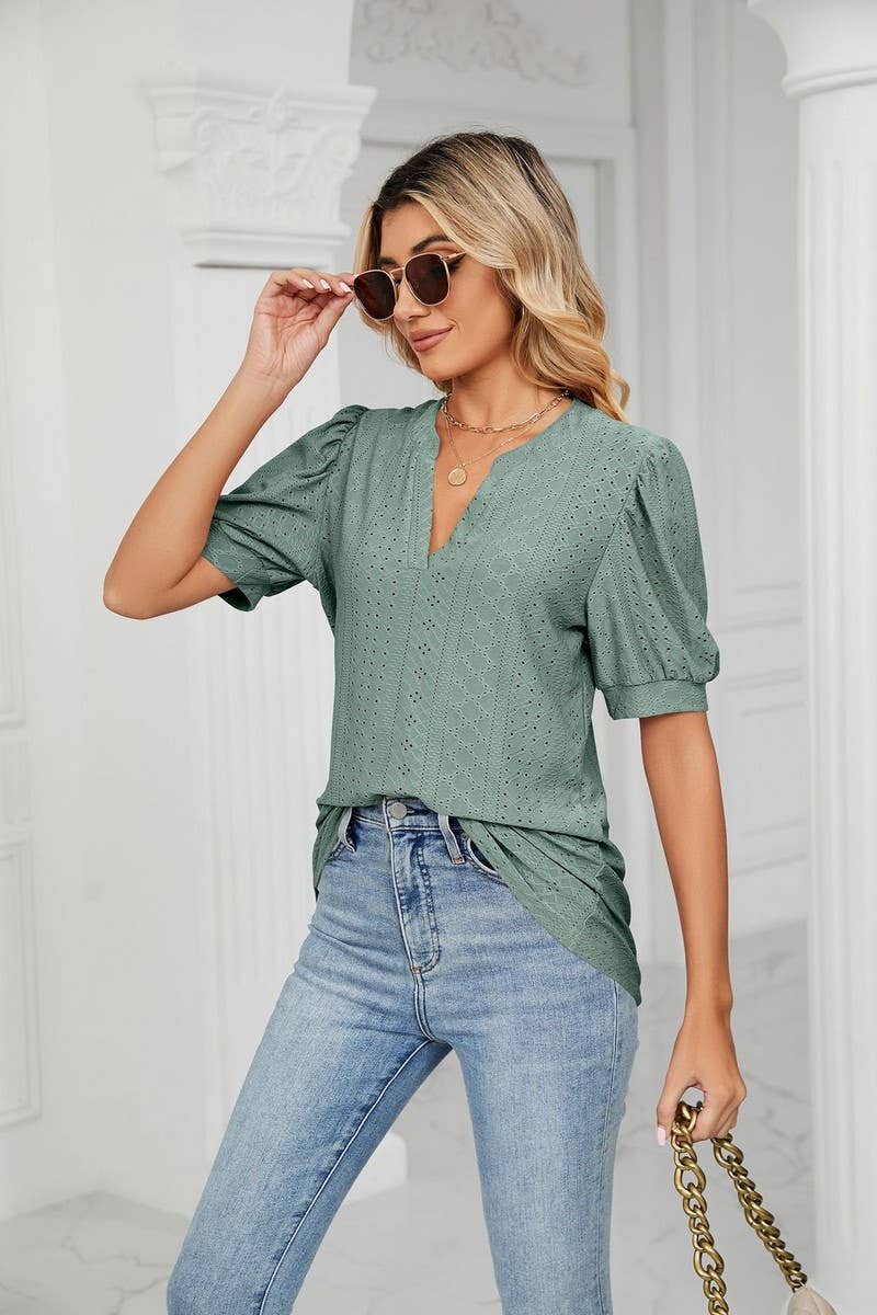 CWTSTS0358_V-Neck Short Sleeve Knit Top