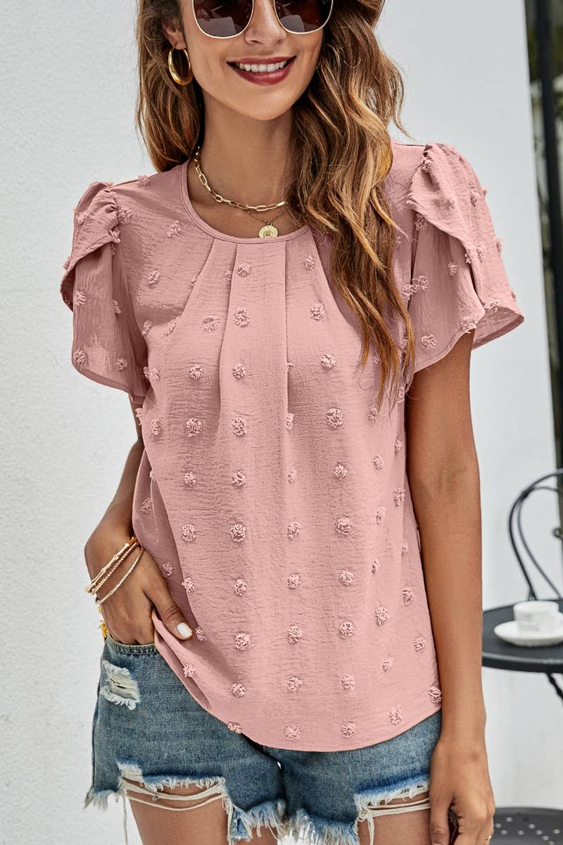 CWTBLS0342_Round neck Short Puff Sleeve Blouse