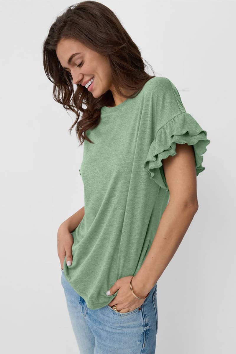 CWTBLS1620_SOLID COLOR ROUND NECK RUFFLE SLEEVE TOP