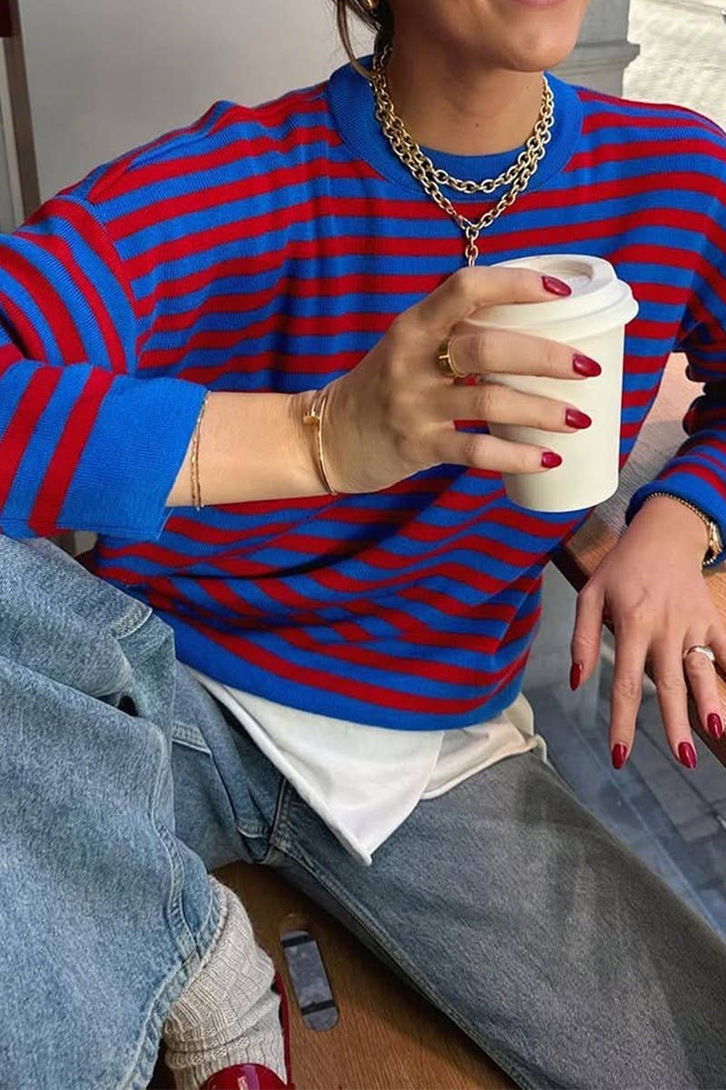 CWOSWL07505_CASUAL LOOSE STRIPED LONG SLEEVE KNIT TOP