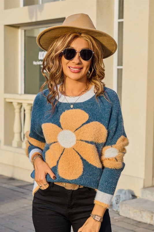 CWOSWL07601_FLORAL FUZZY CREWNECK KNIT SWEATER
