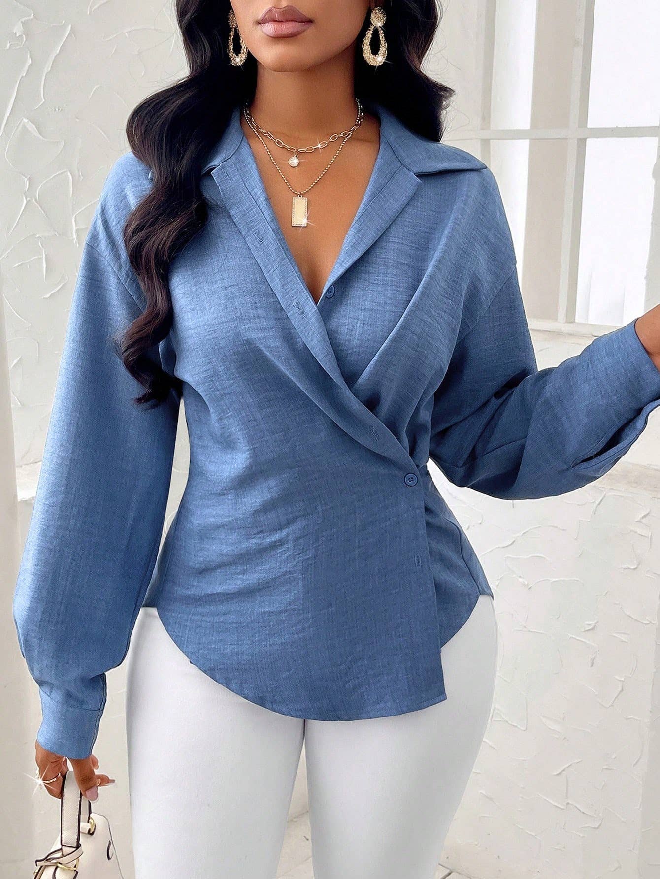 Casual solid shirt with irregular lapel waist