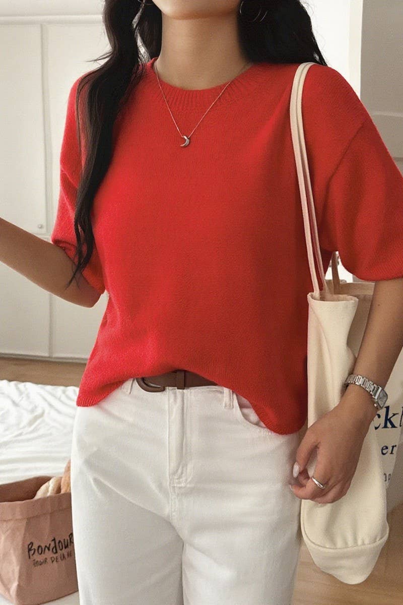 CWOSWS00158_SOLID COLOR SHORT-SLEEVED PULLOVER KNITTED TOP