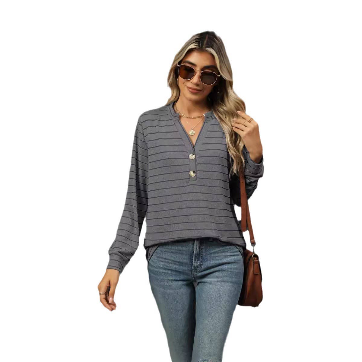 CASUAL STRIPED WOOLEN BUTTON LOOSE T-SHIRT