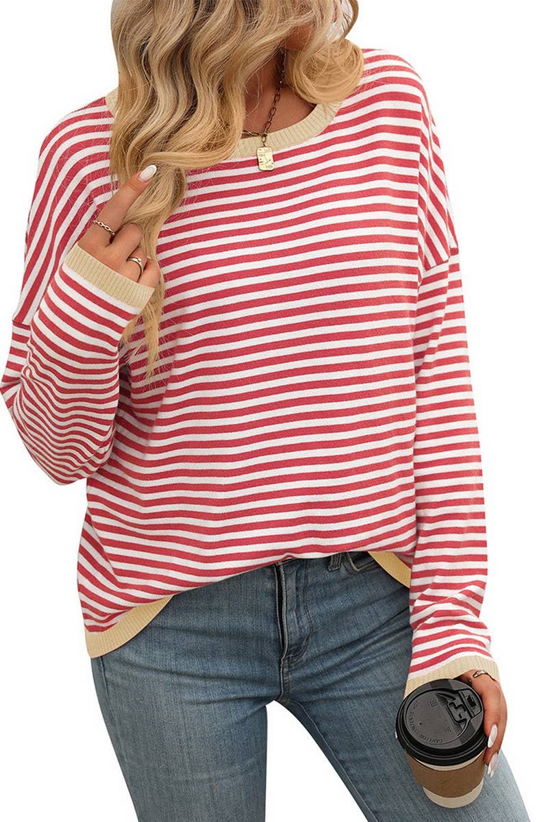CWOSWL4272_ROUND NECK STRIPED CONTRAST COLOR CASUAL SWEATER