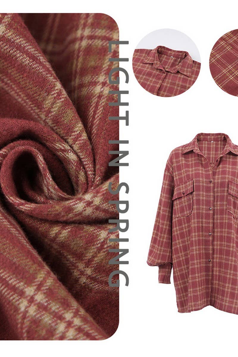 CWTBLL00607_LOOSE CASUAL RED PLAID LONG-SLEEVED SHIRT