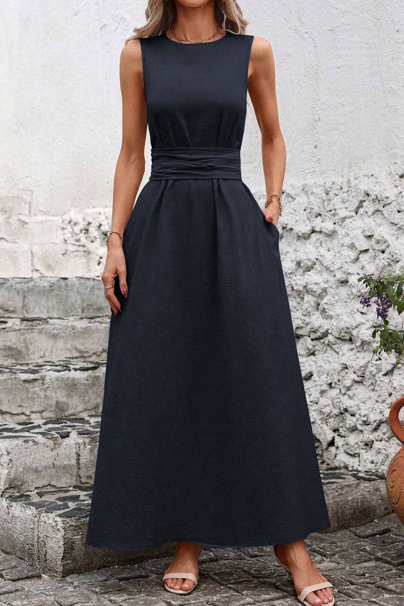 CWDMD5873_SOLID SLEEVELESS TIE WAIST CASUAL TANK DRESS