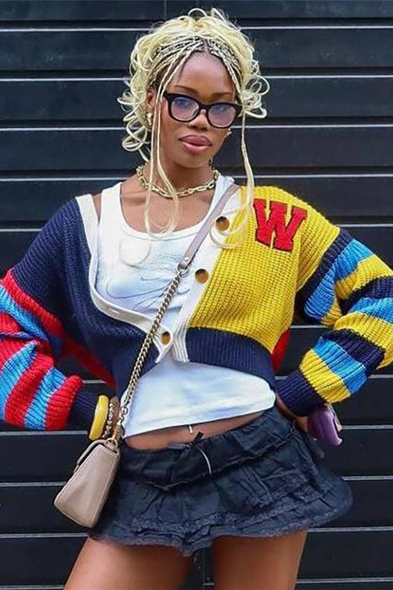 CWOSWL6919_CASUAL COLORFUL LETTER KNITTED SWEATER COAT