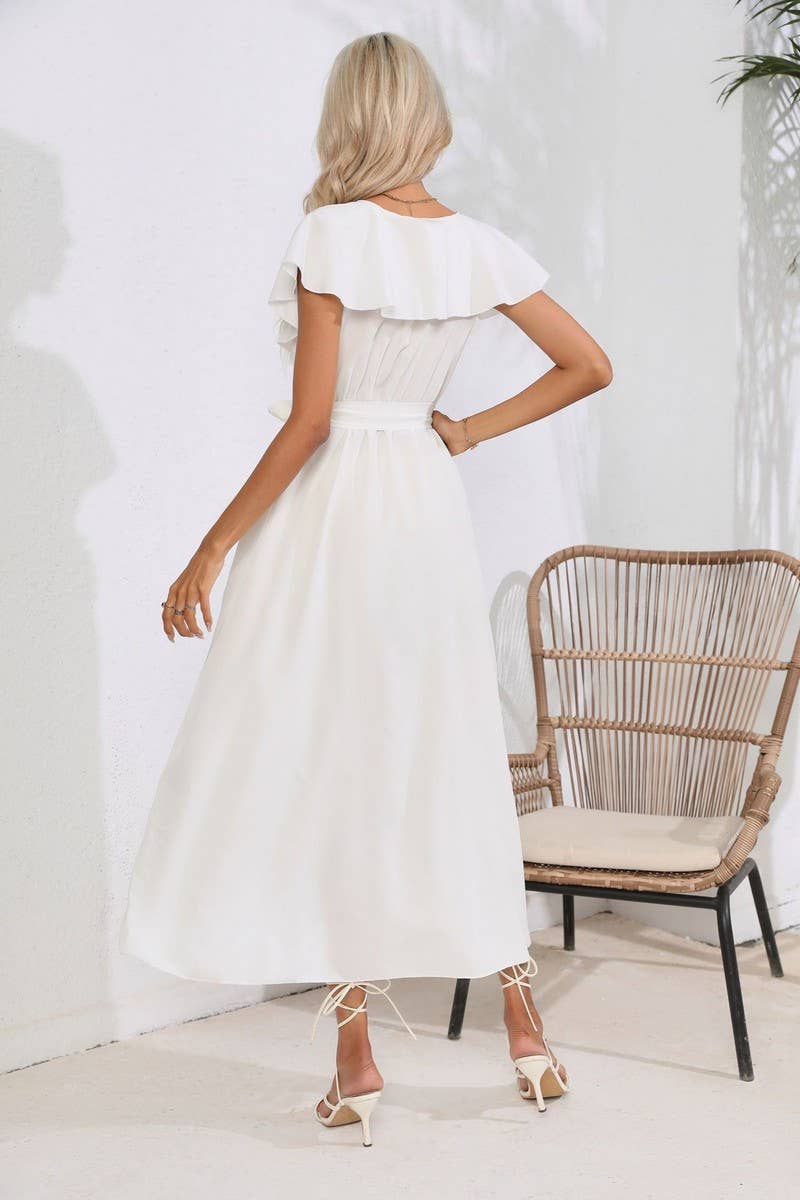 CWDMD1336_V-Neck Short Ruffle Sleeve With Belt Dress