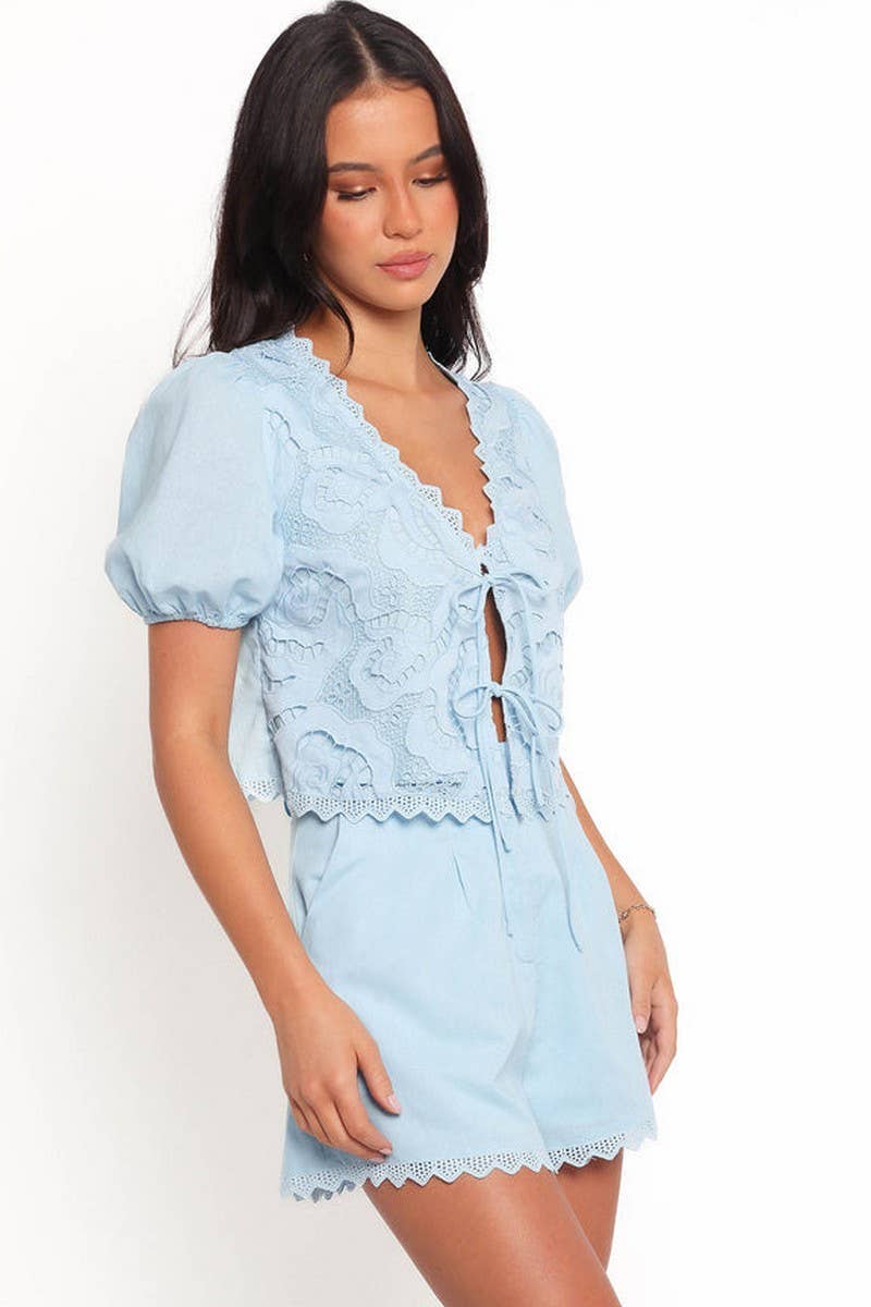 CWSS1223_V-NECK BOW TIE PUFF SLEEVE TOP & SHORTS SET