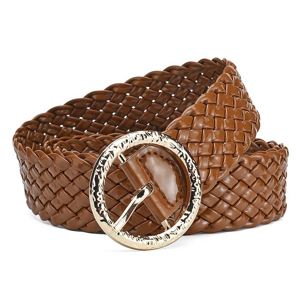 METAL ROUND BUCKLE PATENT LEATHER BRAIDED WIDE BELT