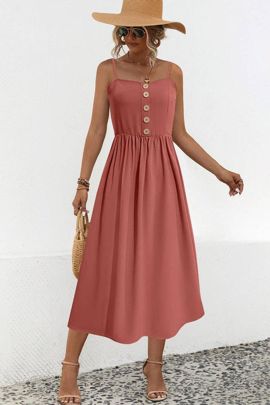 CWDSD4943_SOLID COLOR SUSPENDER BUTTON MIDI DRESS