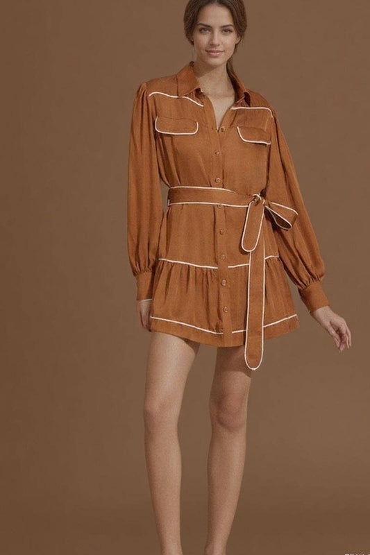 CWTDSL0126_TIE-TIE CARAMEL COLORBLOCK SATIN SHIRT DRESS