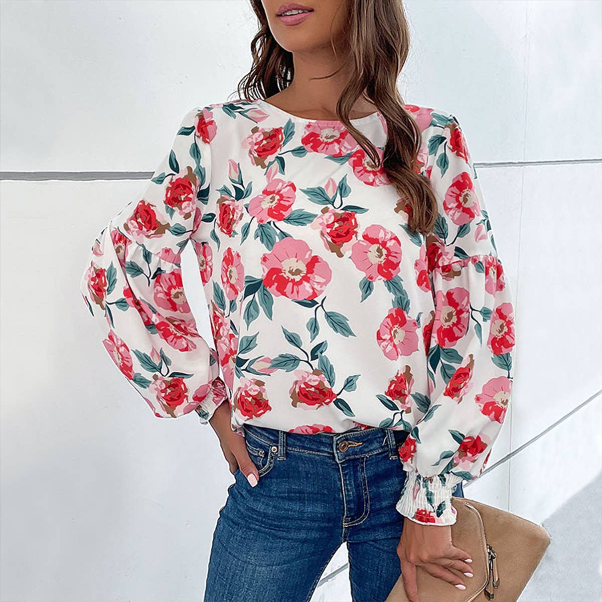 CREW-NECK, LONG-SLEEVED PRINTED TOP