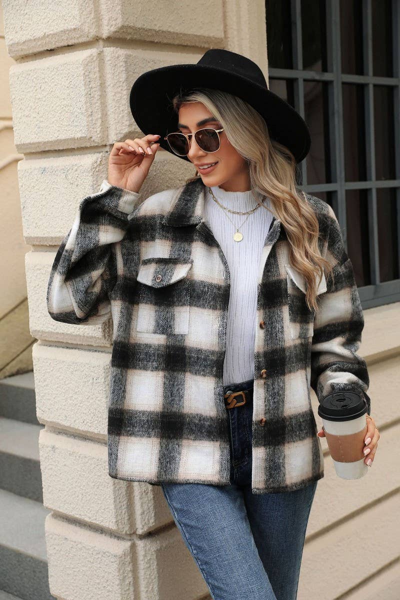 CWOCO0874_LONG SLEEVE LOOSE STRIPED PLAID CARDIGAN COAT