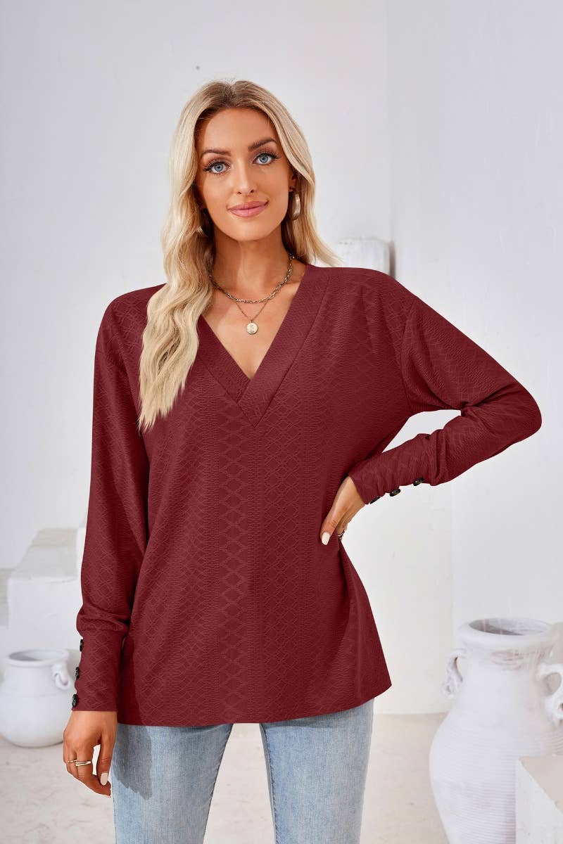 CWTBLL2806_SOLID COLOR V-NECK LONG SLEEVE BUTTON-UP TOP