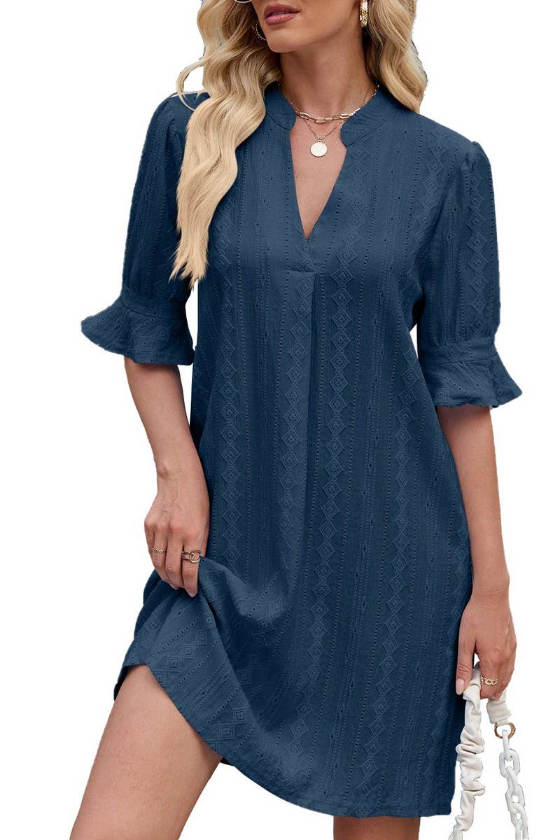 CWDSD7277_V-NECK CASUAL TRUMPET SLEEVE SHORT-SLEEVED DRESS