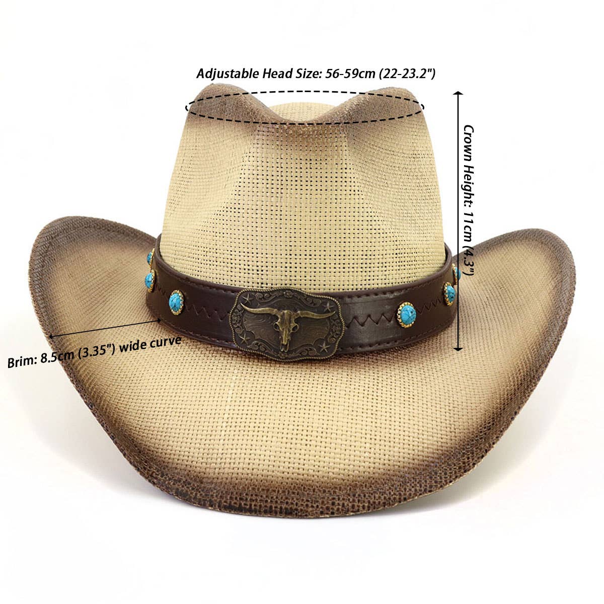 Western Straw Cowboy Hat with Bull Head,Turquoise_CWAH0684