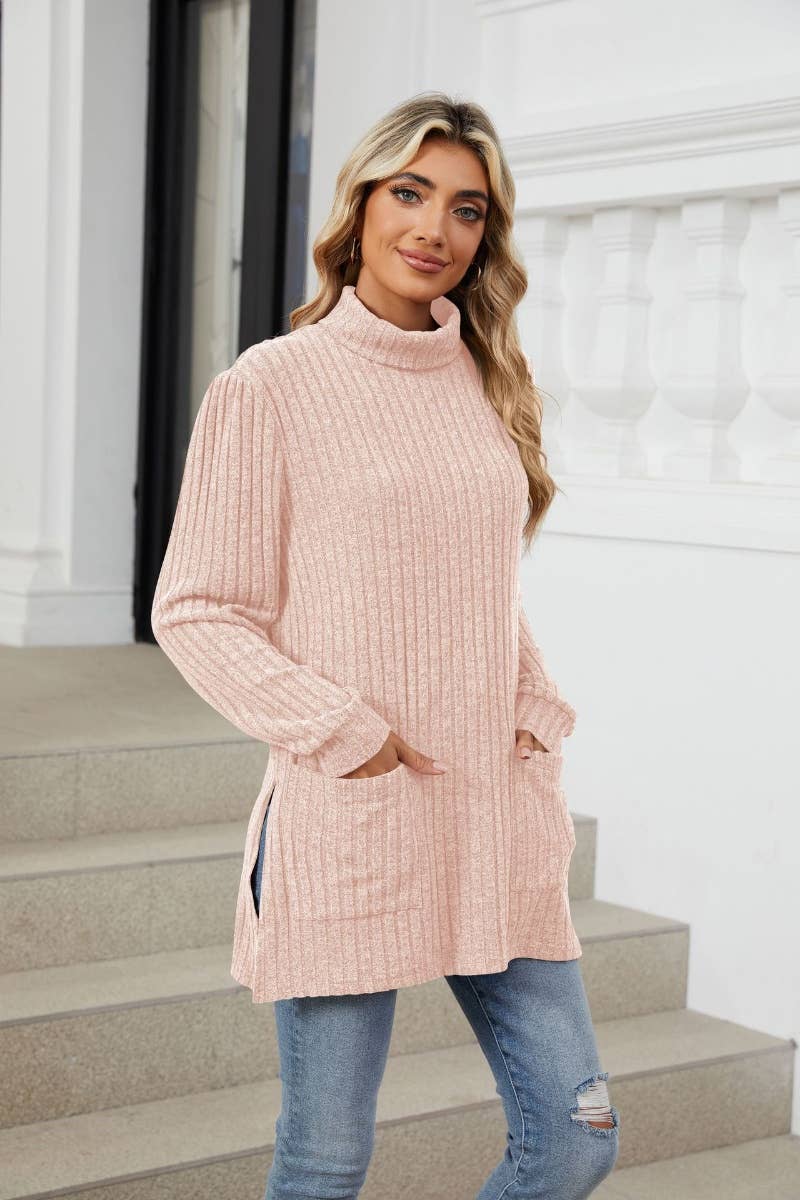 CWOSWL6563_TURTLENECK LONG SLEEVE POCKET SLIT SWEATER LONG