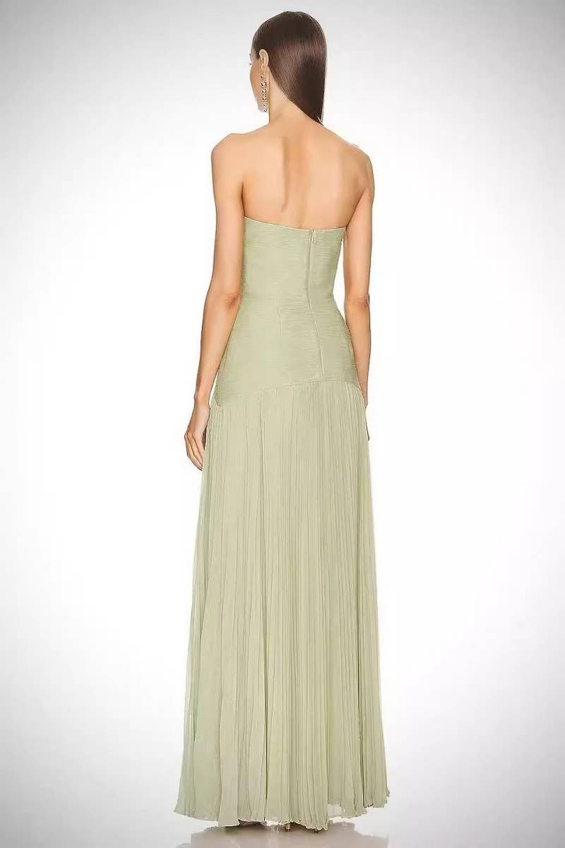 CWDMD6029_SOLID CASUAL RIBBED PLEATED STRAPLESS DRESS