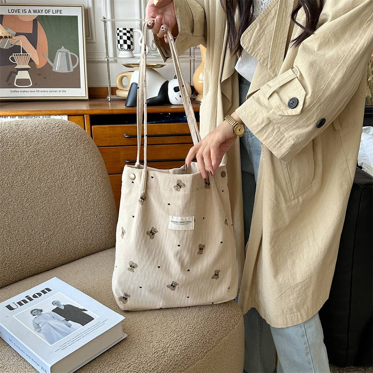 CWAB3901_CORDUROY BEAR PRINT SINGLE SHOULDER UNDERARM BAG