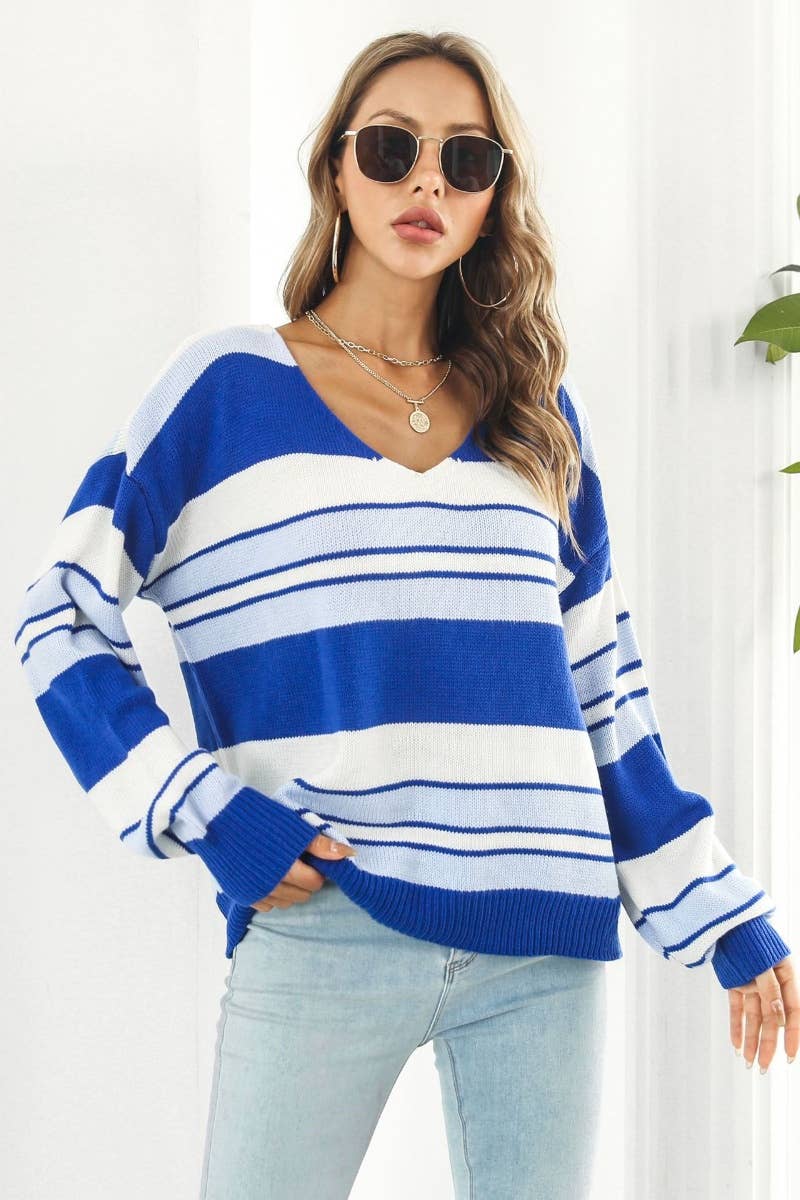 CWOSWL6401_LOOSE V-NECK STRIPED LONG-SLEEVED SWEATER