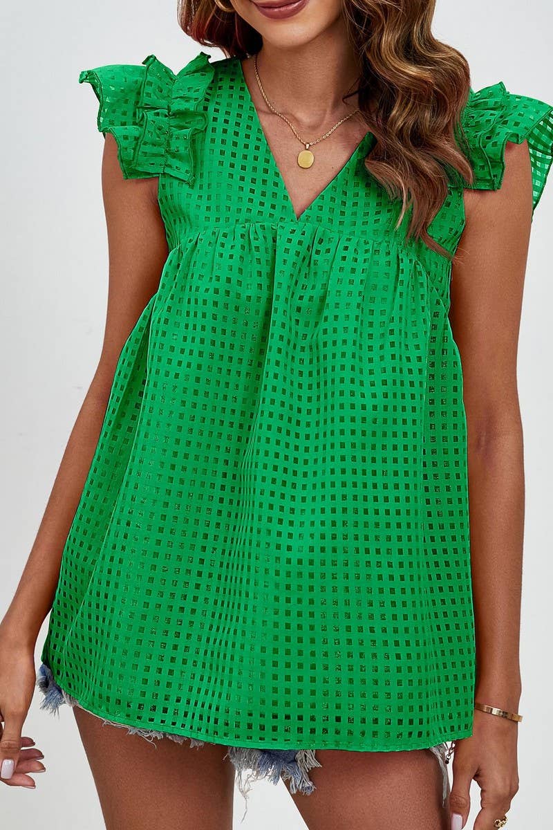 CWTBLSL0704_V-NECK RUFFLE SLEEVES SEMI-SHEER PLAID TOP