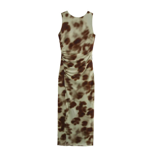 Fitted, irregular backless pleated printed dress