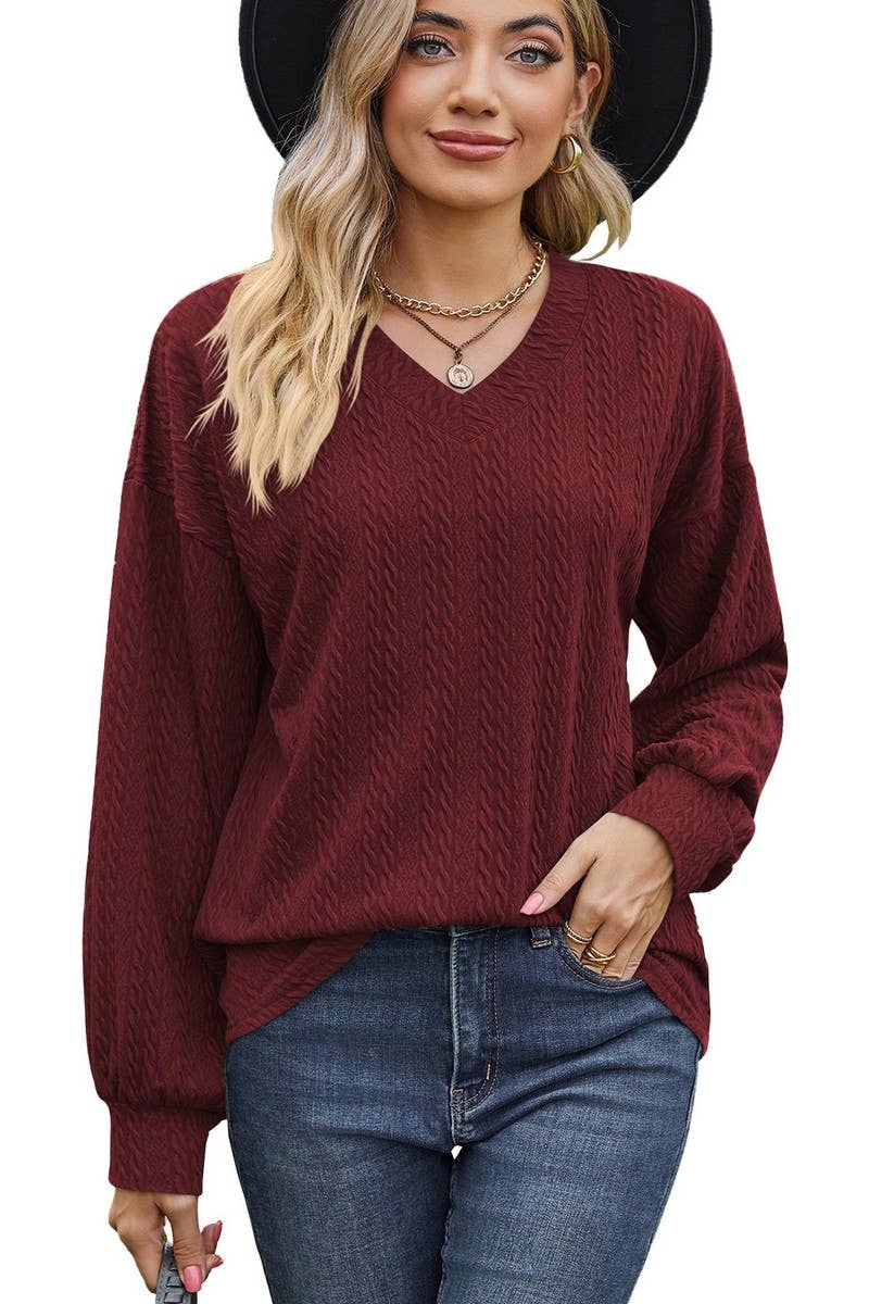 CWTBLL2410_SOLID COLOR V-NECK LOOSE LONG-SLEEVED T-SHIRT TOP