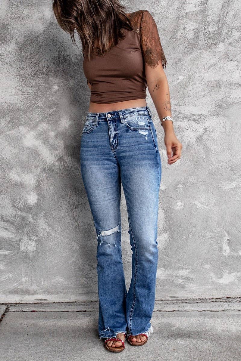 CWJP0604_HIGH WAIST STRETCH RIPPED FRAYED HEM FLARE JEANS