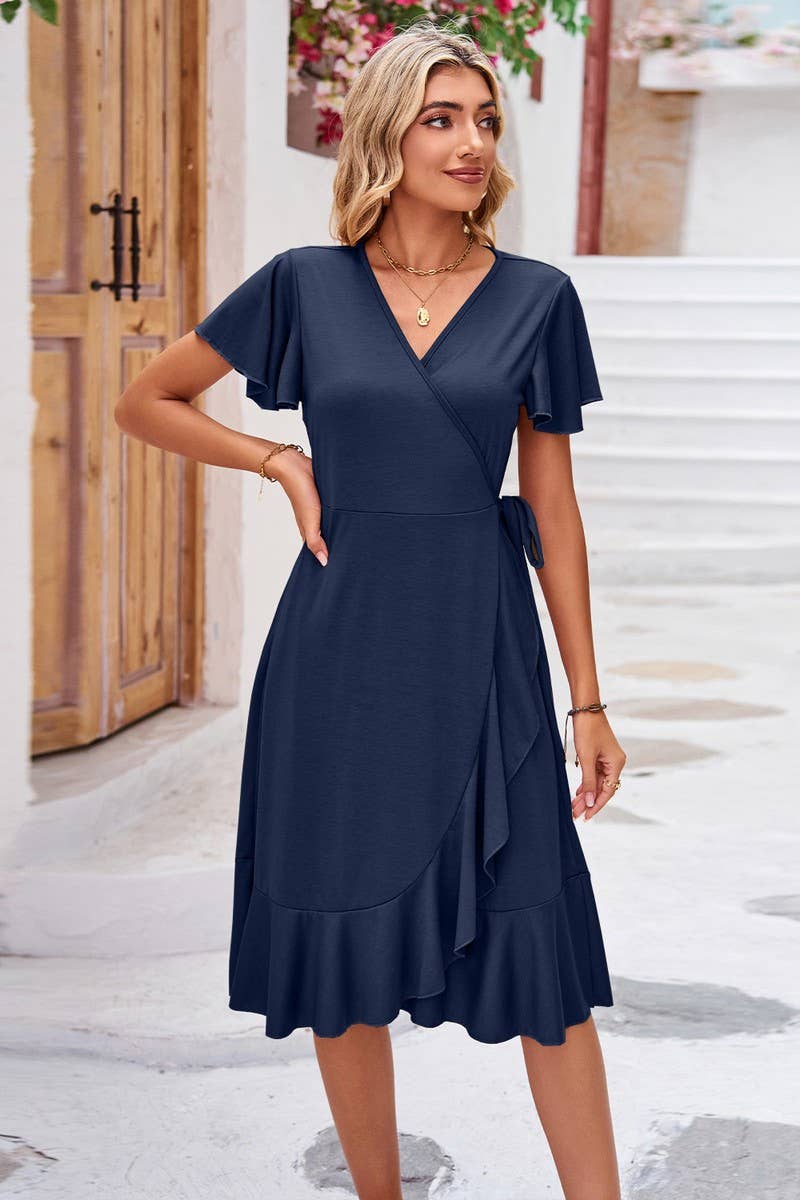 CWDSD2546_Deep V-Neck Wrap Short Sleeve Dresses