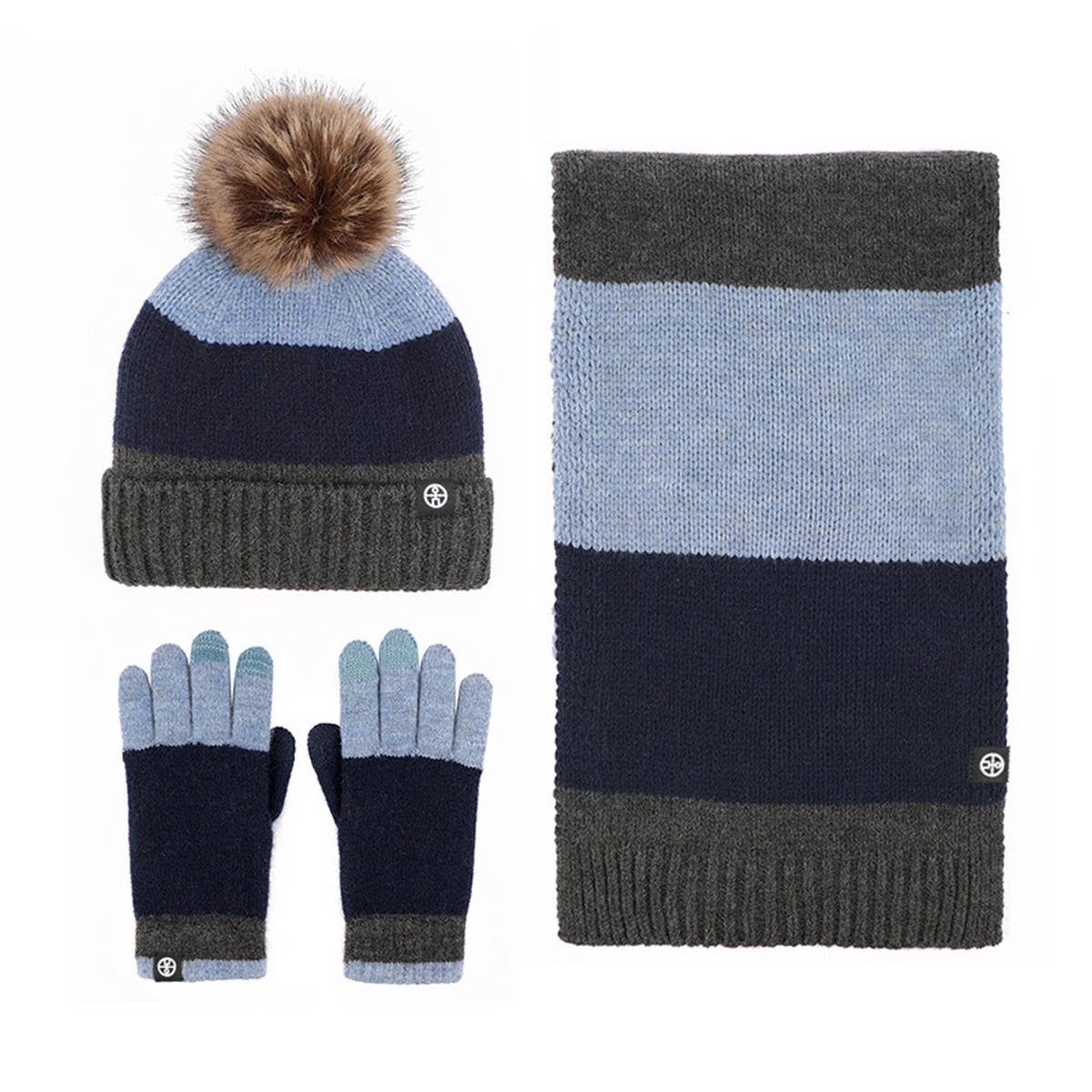 WINTER KNITTED CONTRAST POM POM THREE PIECE SUIT