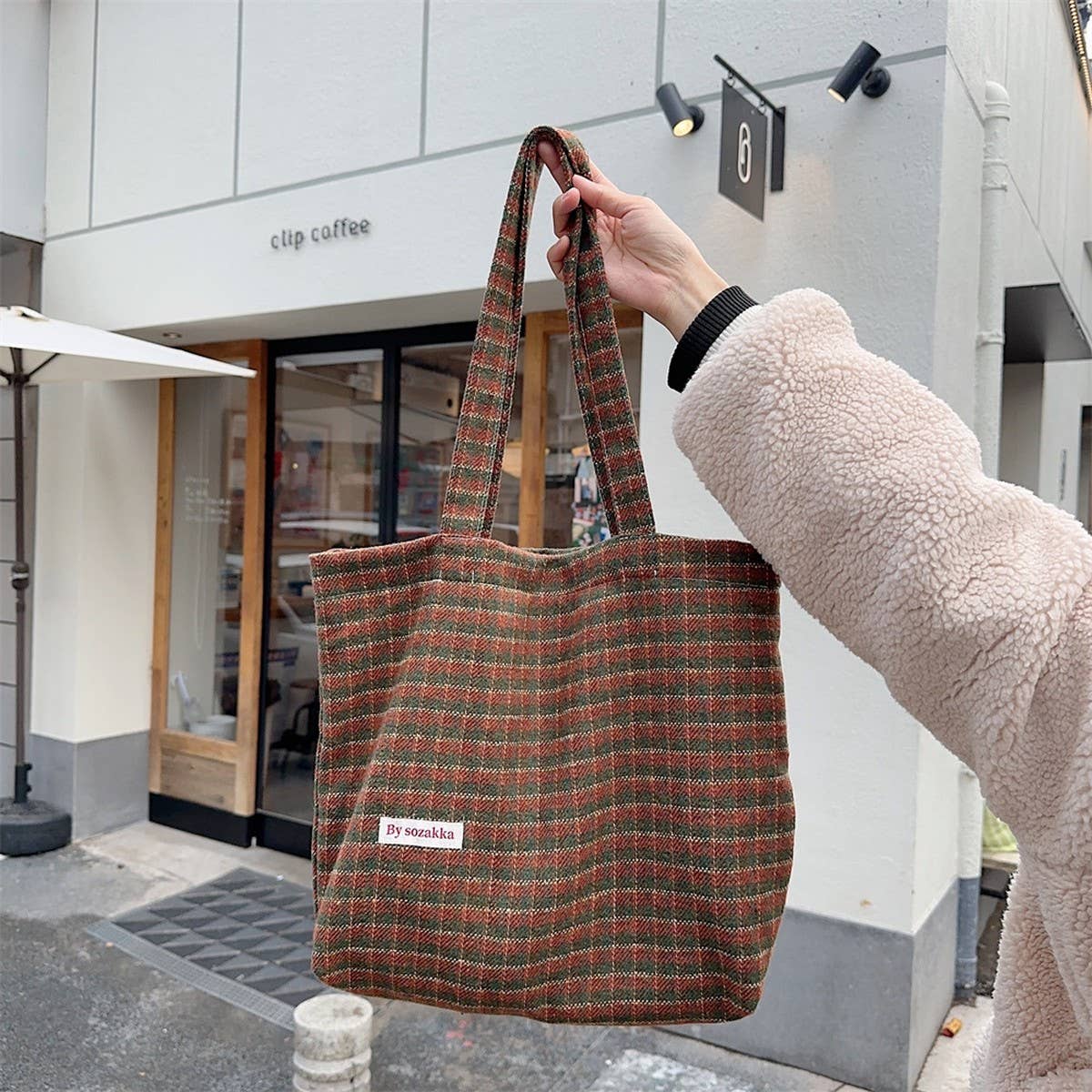 CWAB3897_LARGE CAPACITY VINTAGE PLAID TOTE SHOULDER BAG