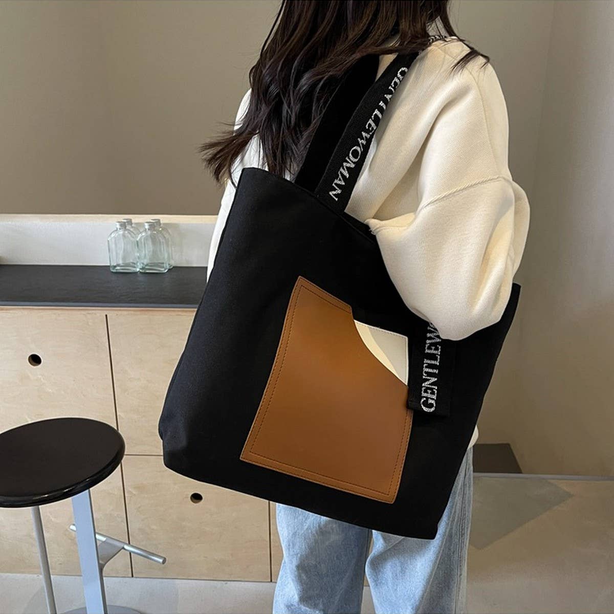 PRINTED PATCHWORK CONTRAST COLOR CANVAS BAG_CWAB2692