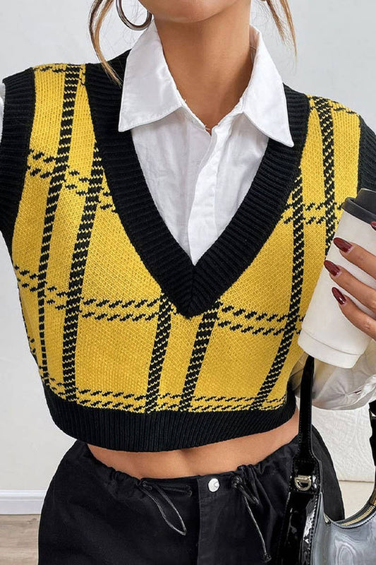 CWOV0781_LOOSE V-NECK PLAID KNIT SWEATER VEST